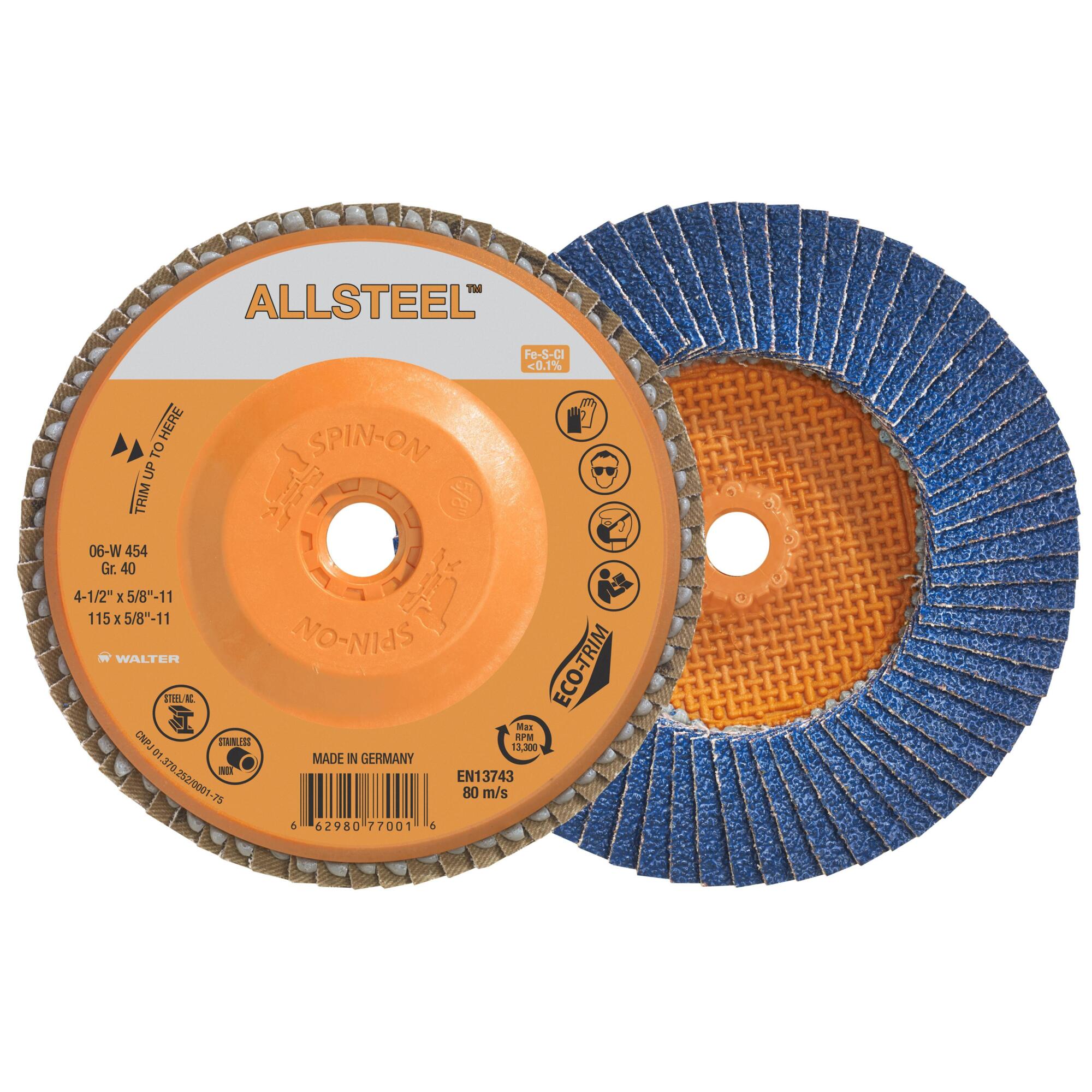 Walter Allsteel Spin-On Flap Discs — 4 1/2in., GR40, ECO-Trim Backing, 10 Pk., Model# 06W454